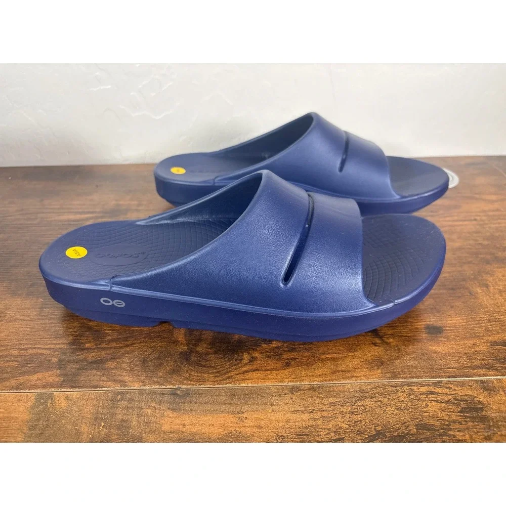 OOFOS OOahh Slide Sandals Navy Blue Mens 12 Womens 14 Recovery Footwear